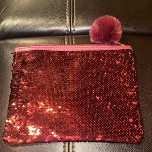 Women’s Sequin Clutch Bag Maroon Pom Pom Festive 9.5 Inches X 7.5 Inches